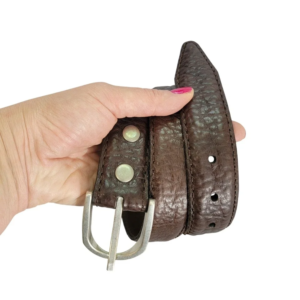 Mens Brown Genuine American‎ Bison Leather Belt Made in USA Size 28 Pebbled EUC